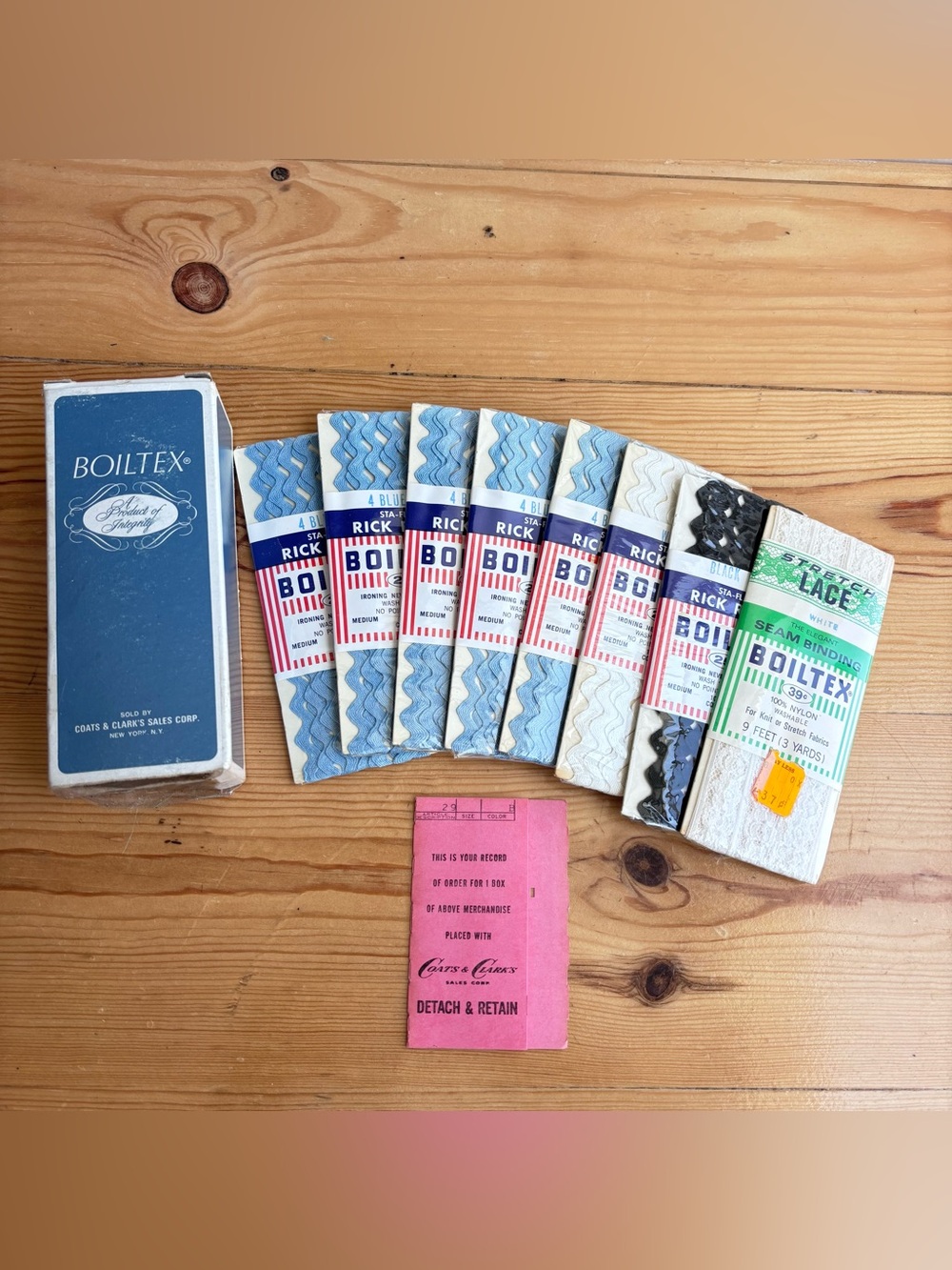 Vintage 8 Boiltex Ribbons And Other Sewing Supplies New Old Stock Original Box